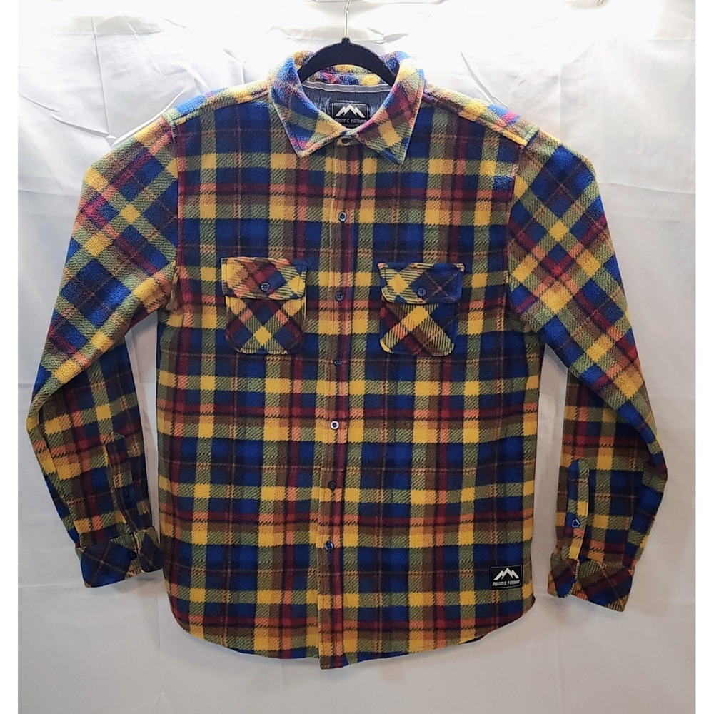 🔥 Massive Outdoors Yellow Red Brown Blue Polyester Plaid Flannel Size Large 🔥